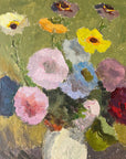 Close up of a framed, vintage, Swedish oil painting of a still life with flowers. Impressionist art.