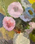 Close up of a framed, vintage, Swedish oil painting of a still life with flowers. Impressionist art.