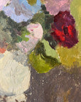 Close up of a framed, vintage, Swedish oil painting of a still life with flowers. Impressionist art.