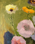 Close up of a framed, vintage, Swedish oil painting of a still life with flowers. Impressionist art.