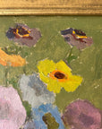 Close up of a framed, vintage, Swedish oil painting of a still life with flowers. Impressionist art.