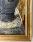 Close up of a framed still life oil vintage painting with watermelon, fruit, and jug on a table.