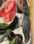 Close up of a framed still life oil vintage painting with watermelon, fruit, and jug on a table.
