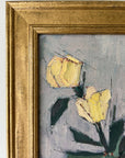 Vintage, framed, impressionist oil painting of yellow roses, flowers in a glass vase.