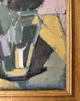 Vintage, framed, impressionist oil painting of yellow roses, flowers in a glass vase.