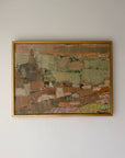 Framed vintage oil painting of an abstract landscape scene in a slim gold frame. Available at Hue.