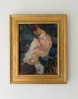 A framed vintage oil painting of a seated figure, featuring a textured gold frame. Available at Hue.