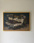 An abstract vintage landscape oil painting of fisherman's huts in a gold frame. Available at Hue.