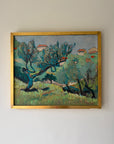 A framed vintage landscape oil painting featuring a stylized olive tree and grassy fields. Available at Hue.