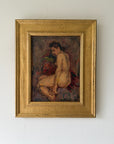 A framed vintage painting of a seated nude figure, housed in a wide ornate gold frame. Available at Hue.