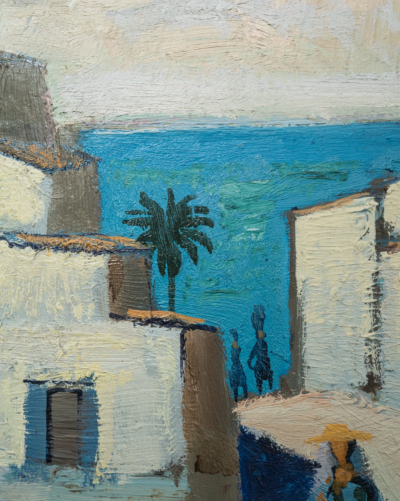 Painting of a coastal scene with houses, a palm tree, and people by the sea.