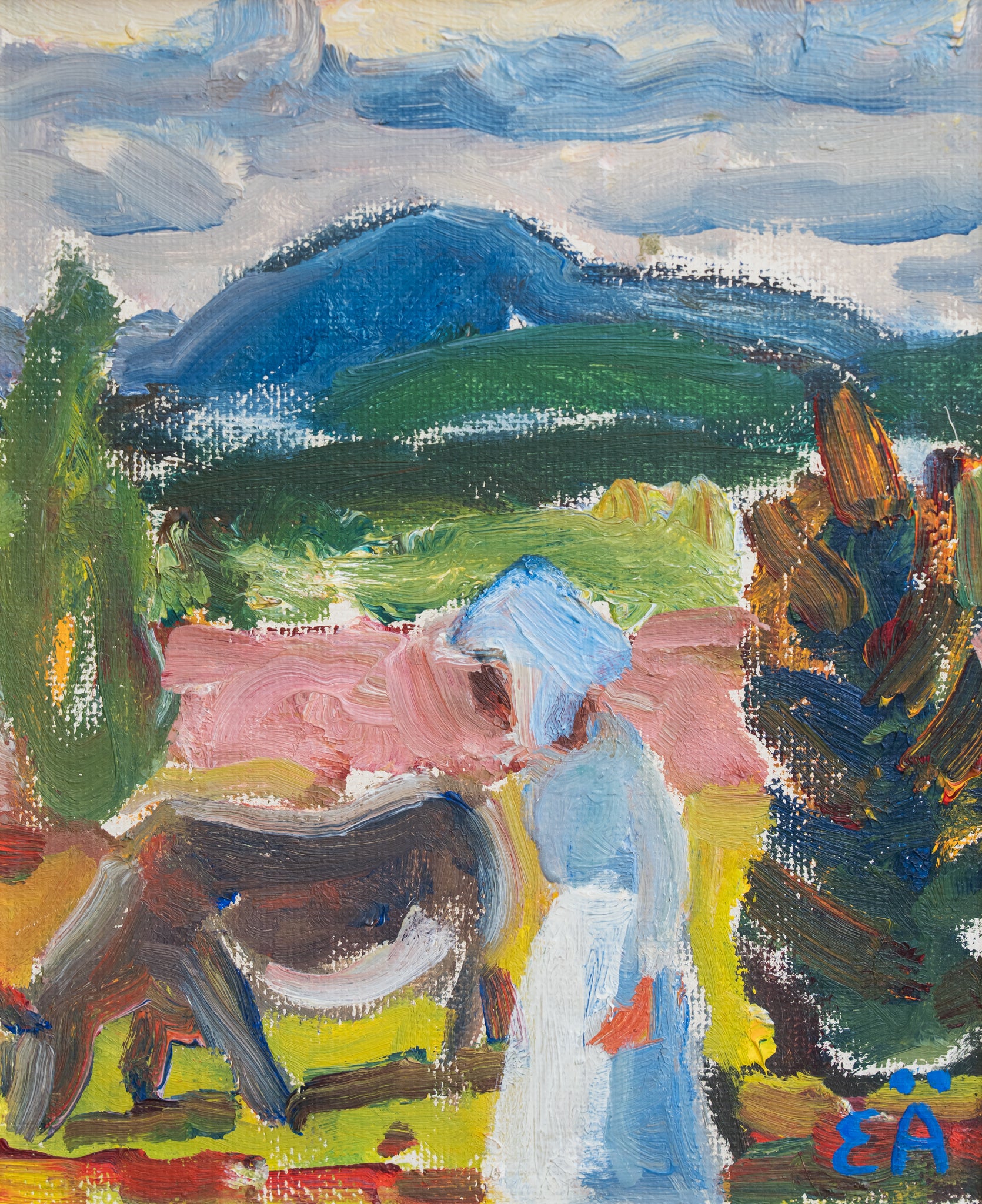 Colorful abstract landscape painting with mountains and trees