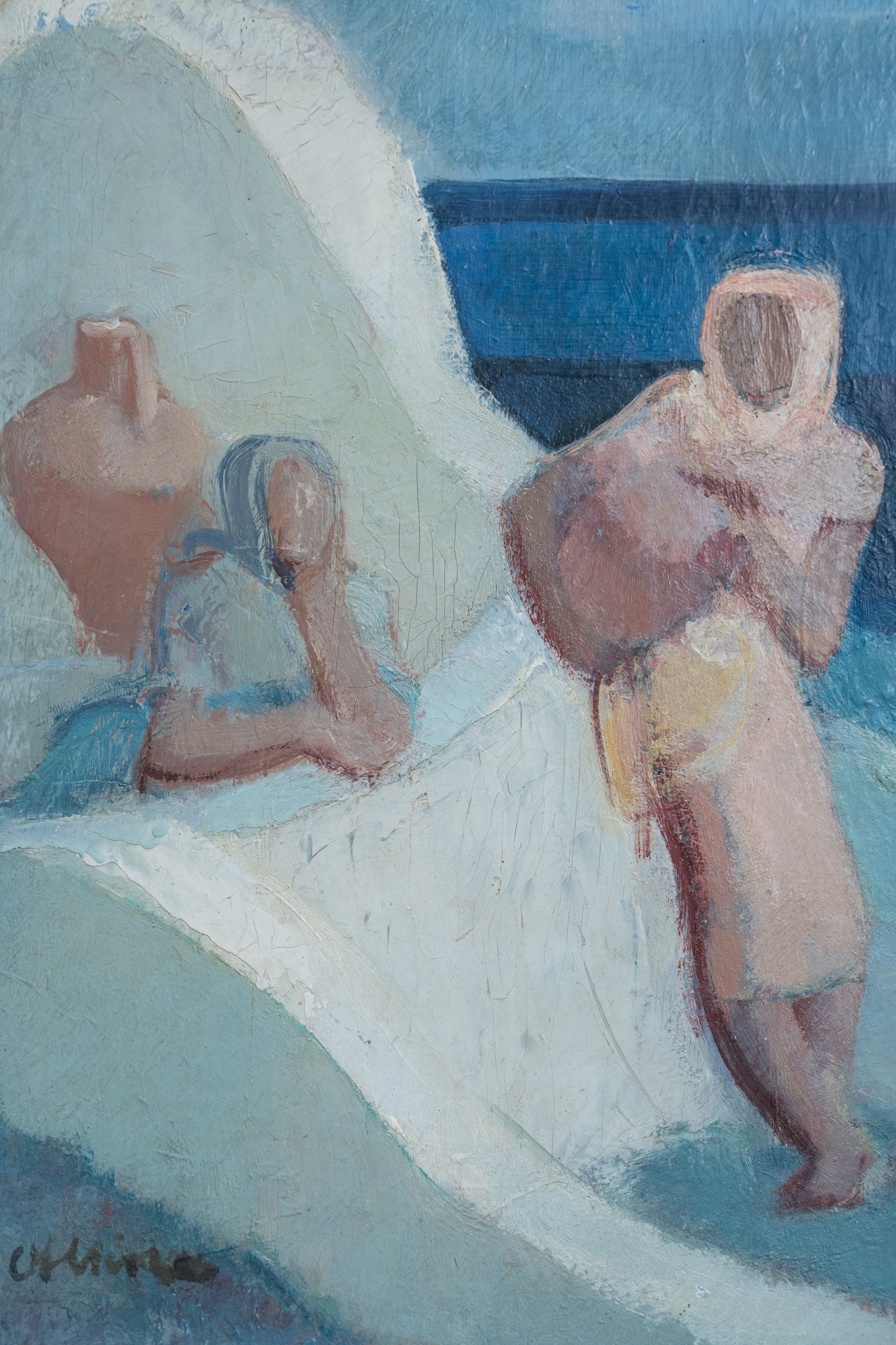 Artistic depiction of figures with pots with a blue background
