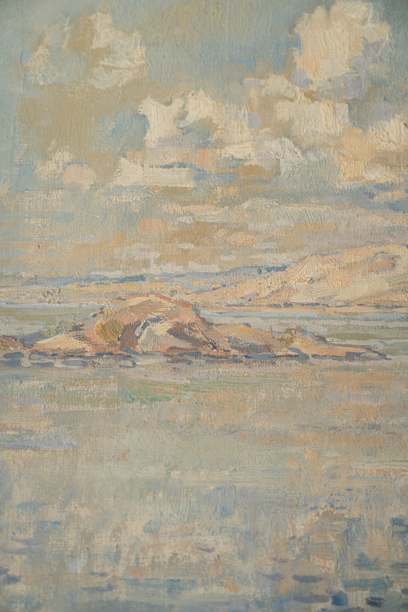 Artistic depiction of a landscape with clouds and landforms in soft, pastel colors. available at hue