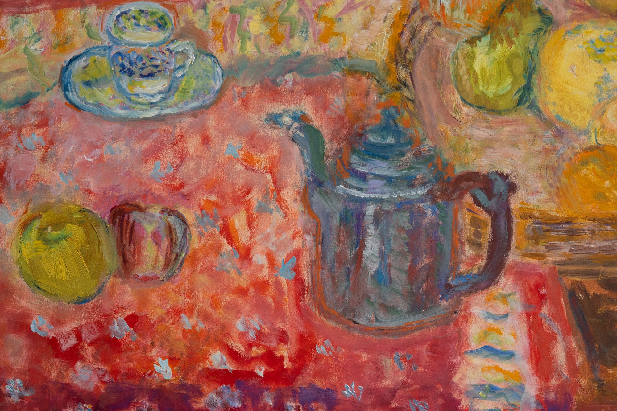 Colorful painting of a table setting with a teapot, cups, and apples on a red background. available from hue