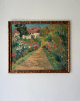 Framed vintage oil painting of a garden scene with flowers and a path in a gilt frame, available at Hue
