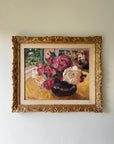 Framed vintage oil painting of pink and white flowers in an ornate gilt frame, available at Hue.