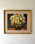 Framed vintage oil painting of a bouquet of yellow and white flowers in a vintage frame with linen mount, available at Hue.