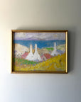 Framed vintage oil painting of a landscape with buildings. Available at Hue.