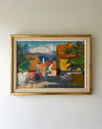 Framed vintage oil painting of a village scene with figures, available at Hue.