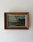 Framed vintage oil painting of a landscape with a tree and cottage. Available at Hue.