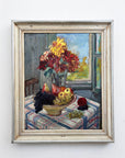 Framed painting of a still life scene with dahlia flowers and fruit on a table. available from hue.