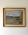 Framed painting of a landscape with muted palette of a rocky scene on a white wall available from hue