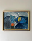 Framed vintage abstract painting of fruit and bowls on a blue textured background, available at Hue.