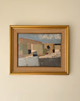 Framed vintage abstract oil painting of cubist houses. Available at Hue.