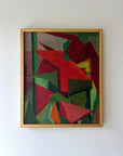 A framed vintage oil painting of an abstract scene in red and green, available at Hue.