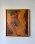 Vintage abstract oil painting of a female figure painted using geometric shapes in warm ochre colours, reminiscent of a cubist or modernist style, available at Hue.