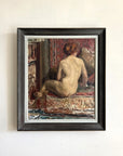 Framed vintage oil painting of a nude figure on a patterned rug, available at Hue