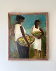 A framed vintage oil painting of two fisherwoman carrying baskets of fish on a teal background. Available at Hue.