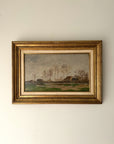 Framed vintage oil painting of a landscape with trees and farm buildings. Available at Hue.