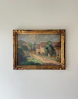 Antique oil painting of a french hamlet in an ornate gilt frame, available at Hue.