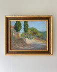 Framed vintage oil painting of a landscape with trees and a rural building, available at Hue