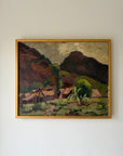 Framed vintage oil painting of a landscape with mountains and village huts. Available at Hue.