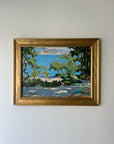 Framed vinatge oil painting of a landscape with trees and water. Available at Hue.
