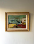 Framed vintage oil painting of a harbour scene with sailing boats and an abstract figure, available at Hue.
