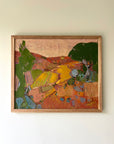 Framed vintage abstract landscape with a collage of various shapes and colours, available at Hue.
