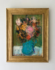 Framed vintage oil painting of a bouquet of flowers in a blue turquoise vase in a professional gilt frame, available at Hue.