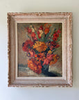 Framed painting of a bouquet of dahlias and gladioli flowers in a typical French frame, available from hue