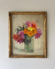 Framed vintage oil painting of dahlia flowers in a glass jar in a vintage gilt frame, available at Hue