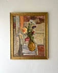Framed vintage oil painting of still life florals in a deep yellow vase professionally re-framed, available at Hue.