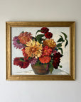 Framed, vintage, still life oil painting of a bouquet of red flowers, available at Hue.