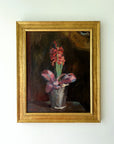 Framed vintage oil painting of hyacinth flowers in a pot in a professional gilt frame, available at Hue.