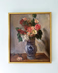 Framed vintage oil painting of a still life with pink and red rose flowers and a vase on a table, available at Hue.