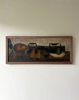 Framed vintage still life oil painting of pears and bowls on a table top, available at Hue.