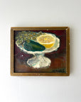 Small still life oil painting with fruit on a pedestal in a vintage frame, available at Hue.