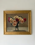 Framed vintage oil painting of pink flowers ina glass vase. Available at Hue.